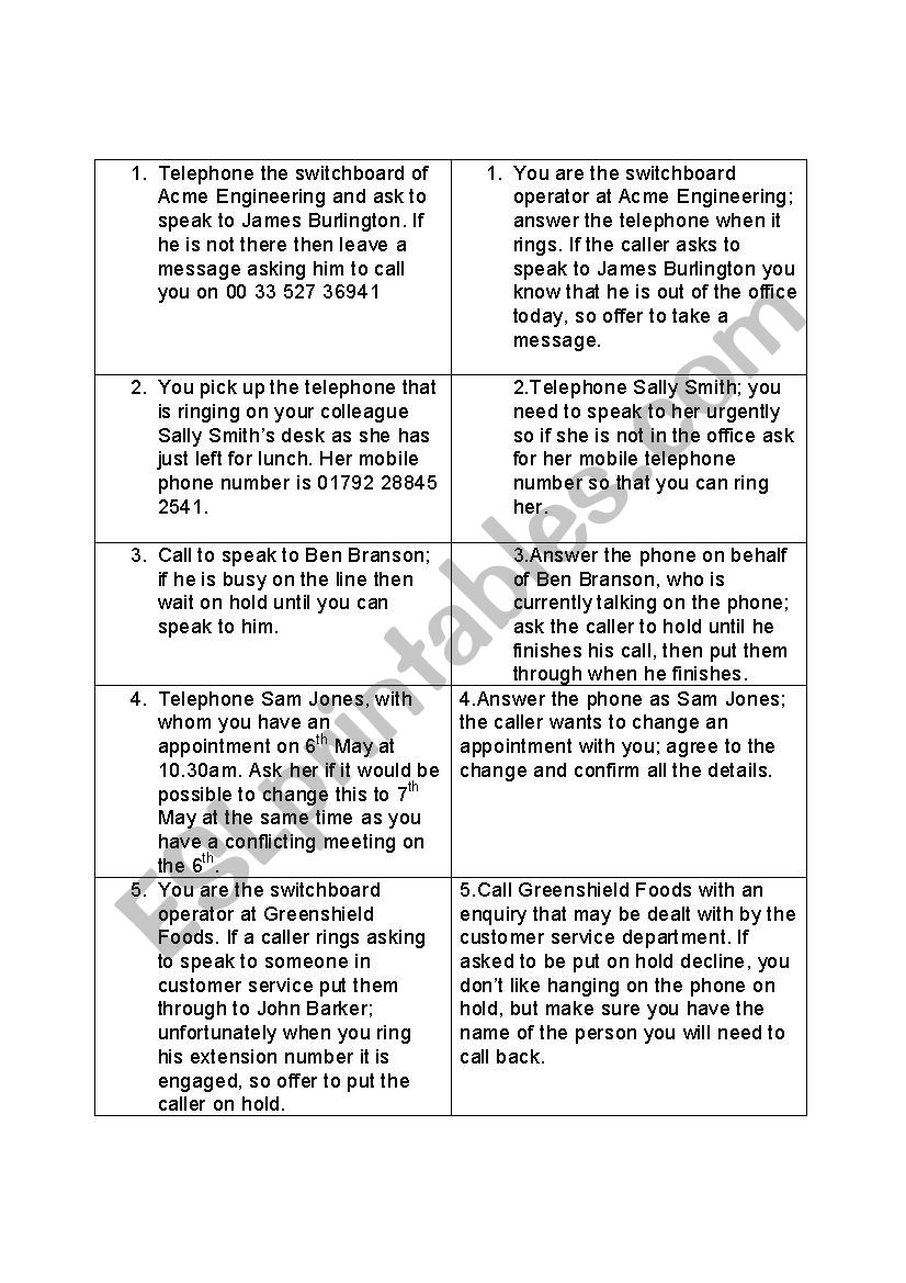 telephone role-play worksheet