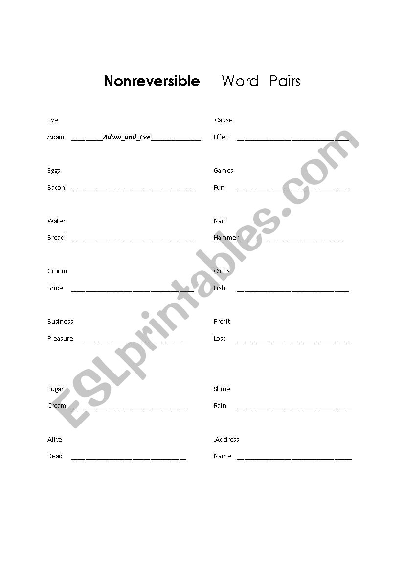 Non-reversible	word	pairs worksheet