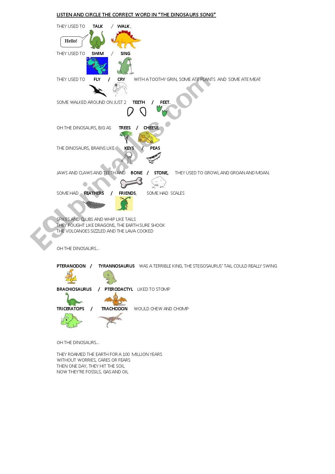 The Dinosaurs Song worksheet
