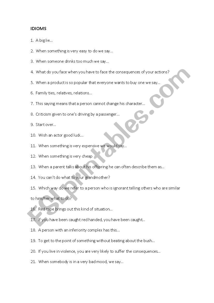 Useful idioms and phrases worksheet