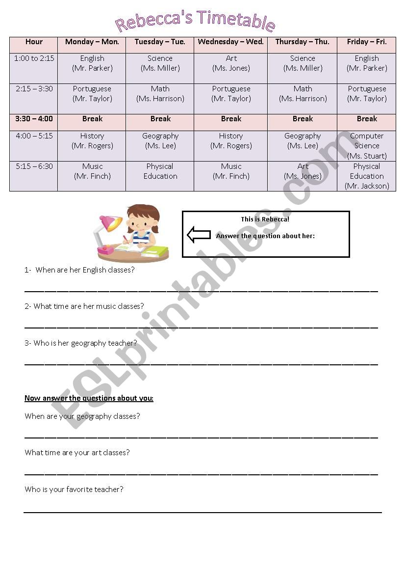 Timetable worksheet