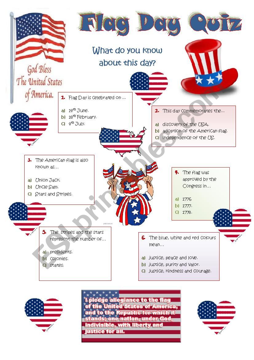 FLAG DAY - 14th JUNE  - QUIZ worksheet