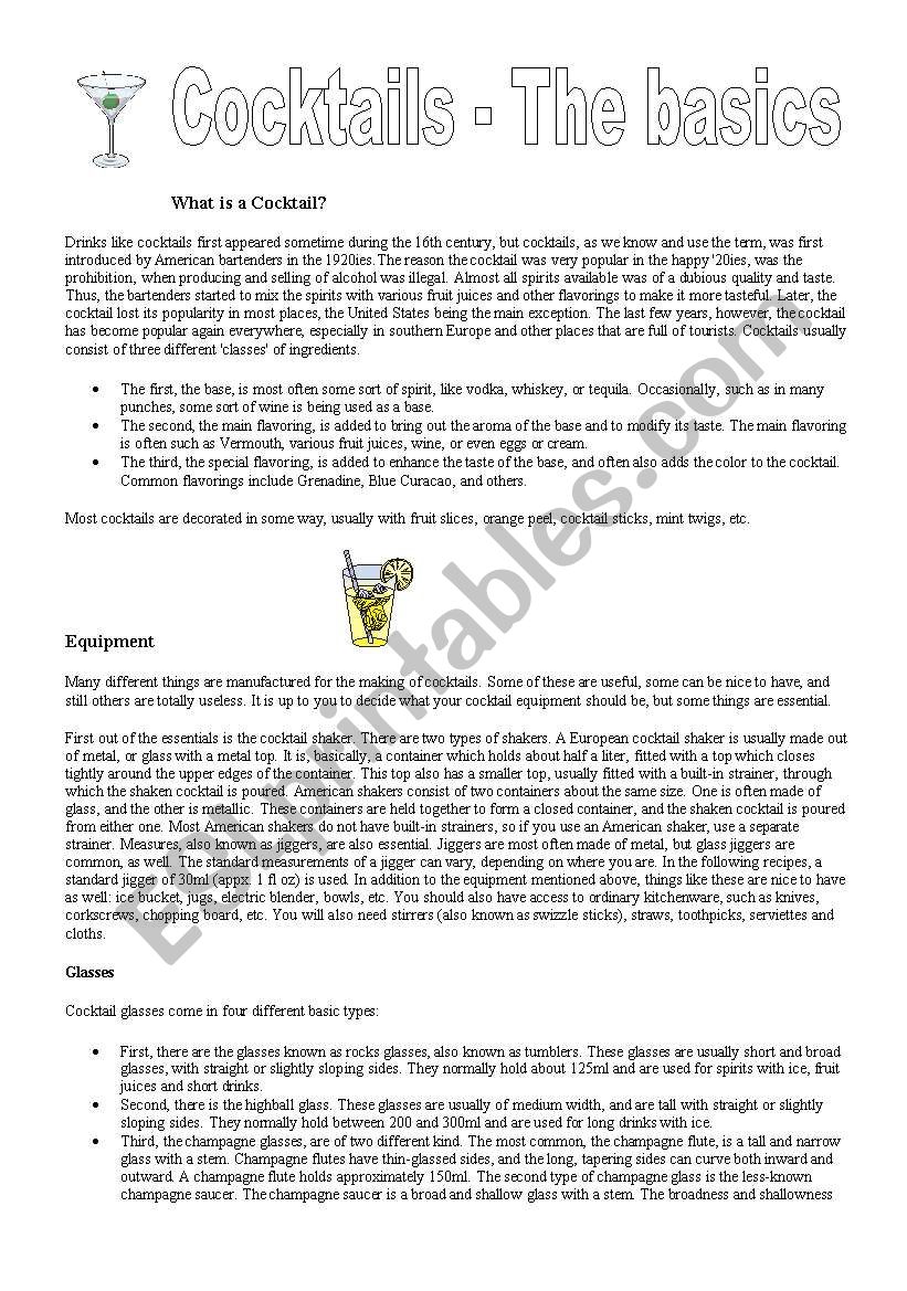 cocktails worksheet