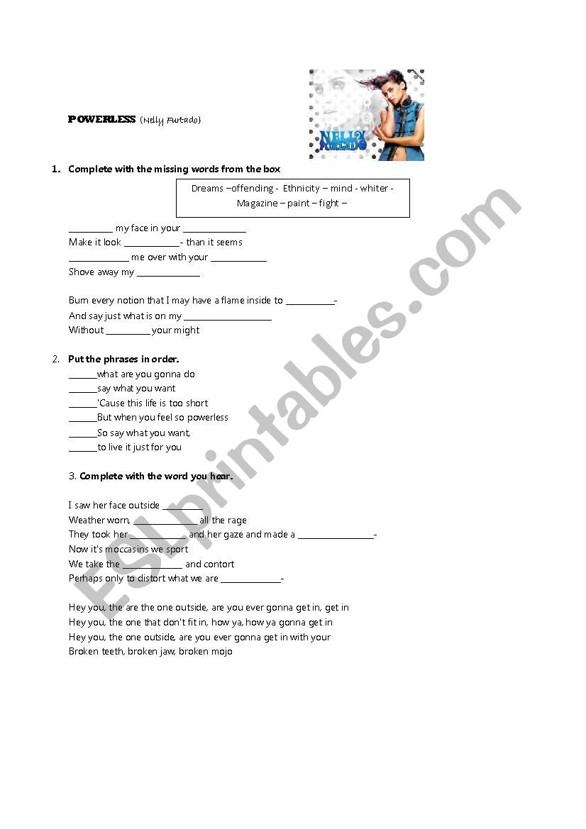 Powerless (Nelly Furtado) worksheet