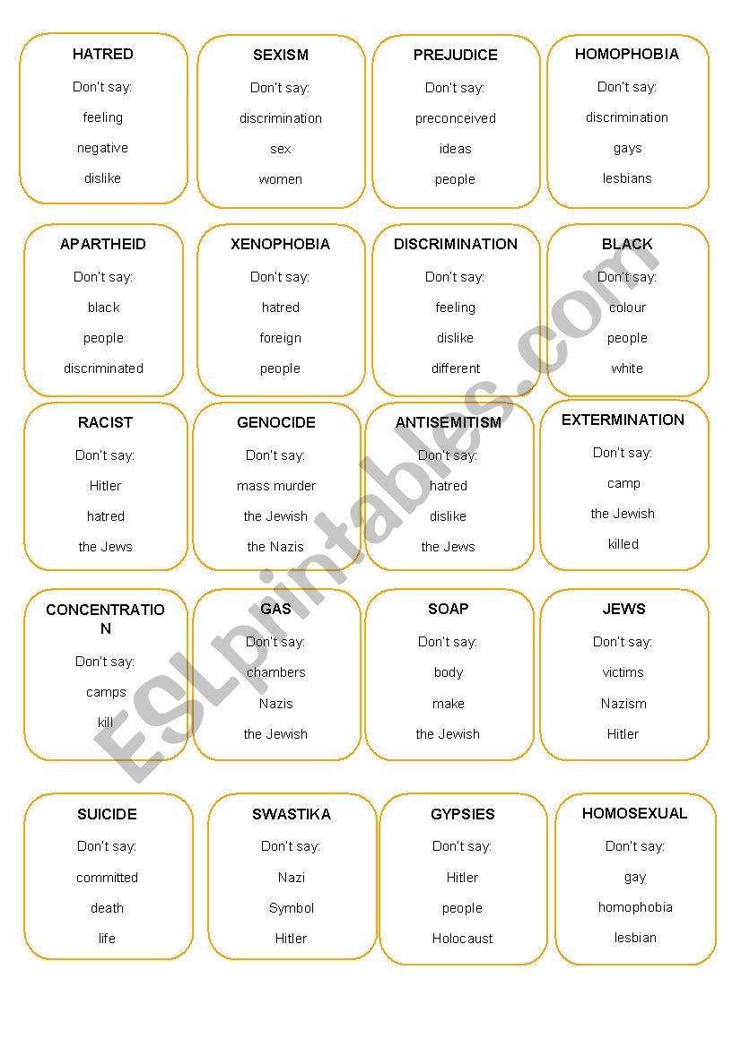 TABOO CARDS ON RACISM worksheet