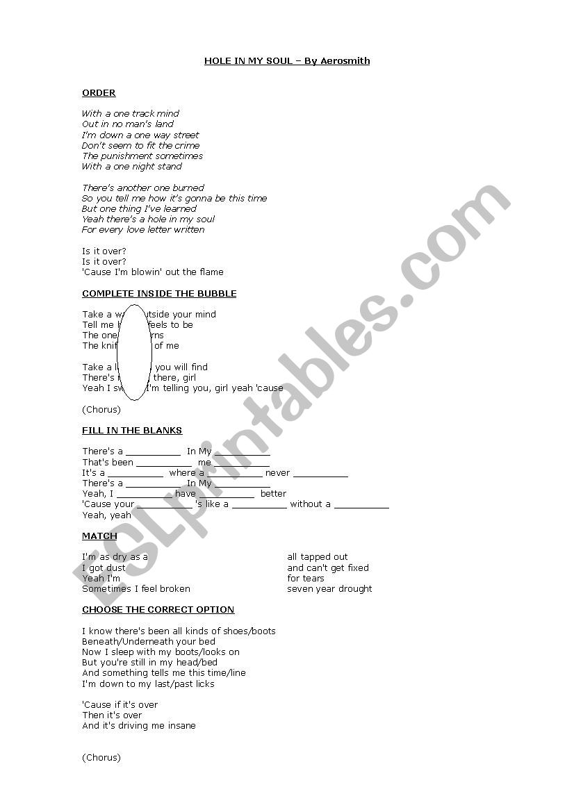 A Hole in my Soul - Aerosmith worksheet