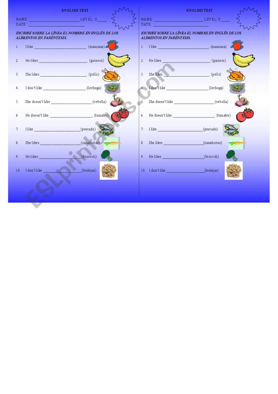 Like and Dislike Test worksheet