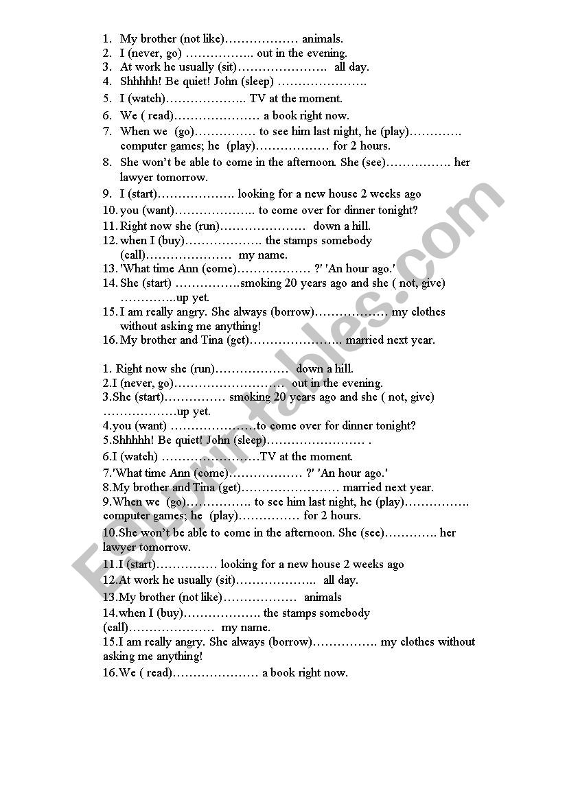 tenses test worksheet