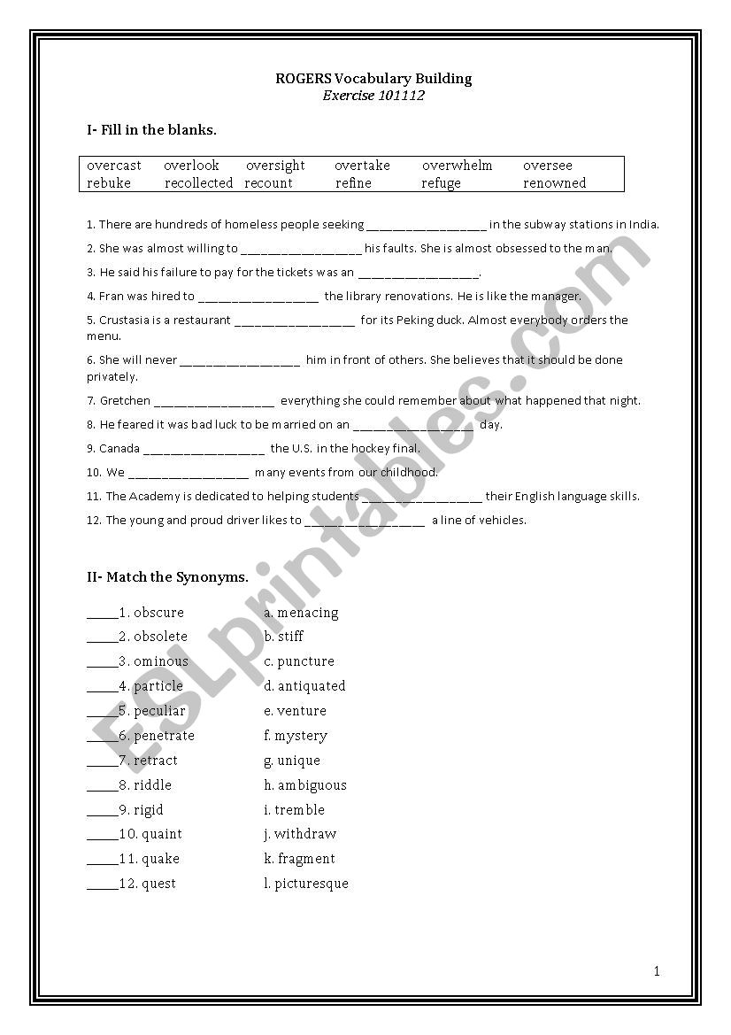 Bruce Rogers Vocabulary Exercise 10-11-12