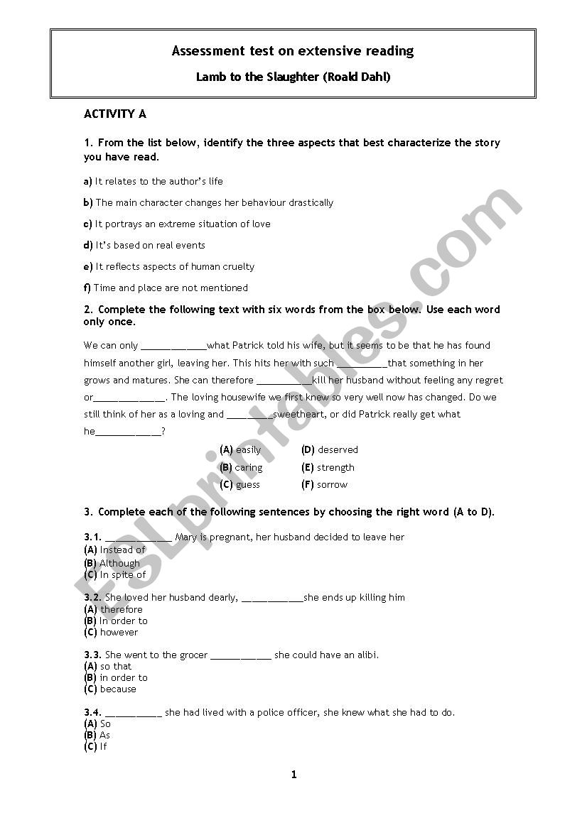 Lamb to the slaughter worksheet