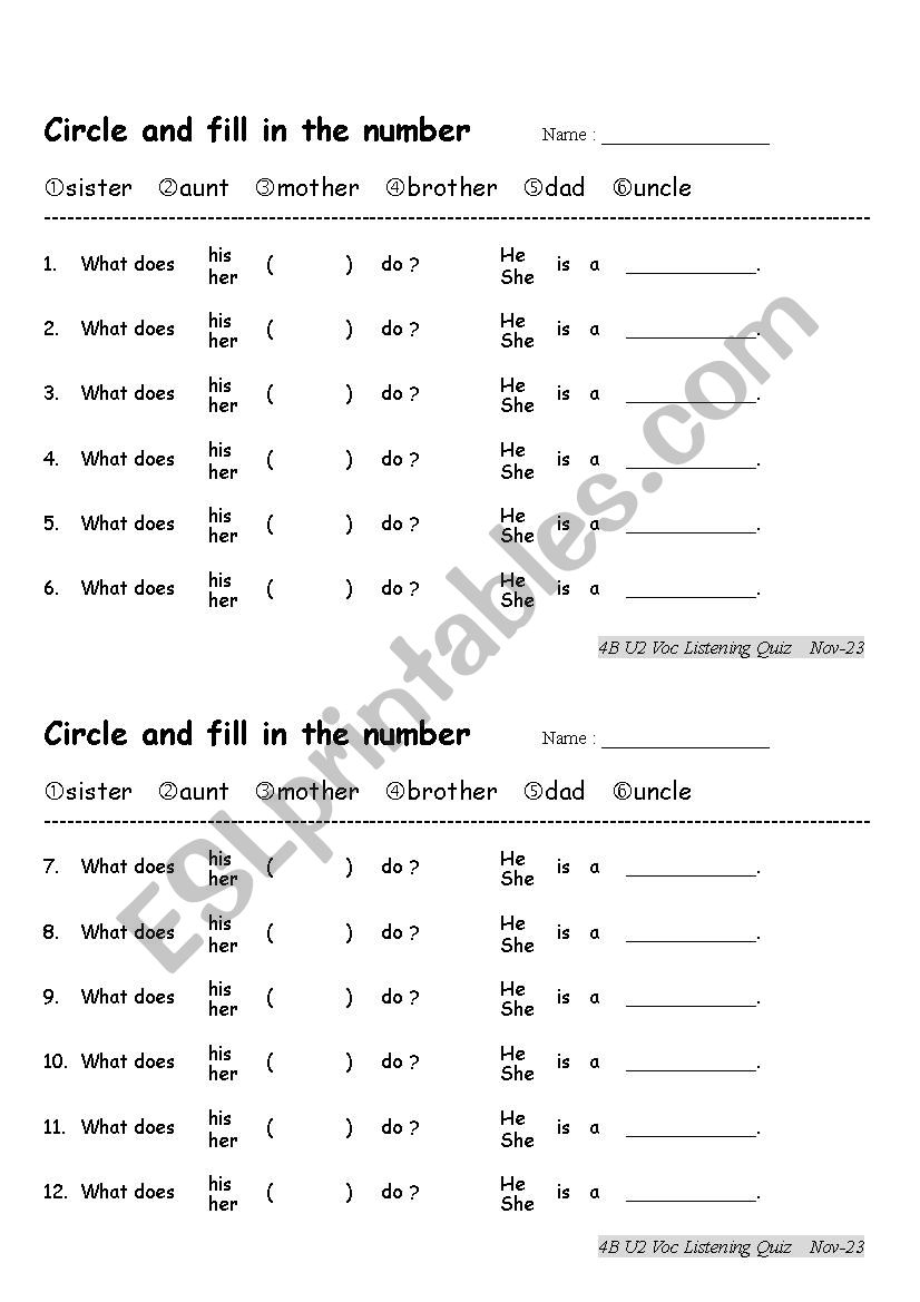 Family and Job  worksheet