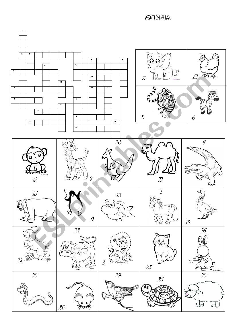 Animals crossword worksheet