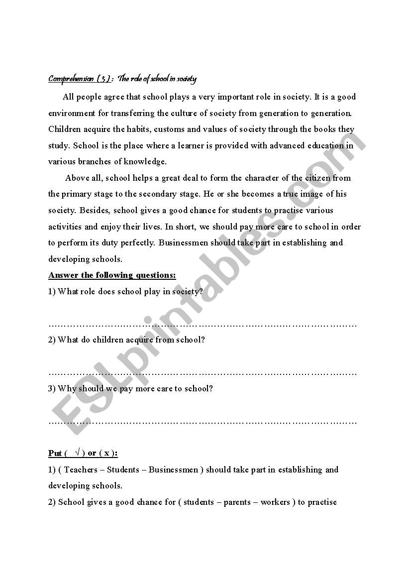 Comprehension worksheet