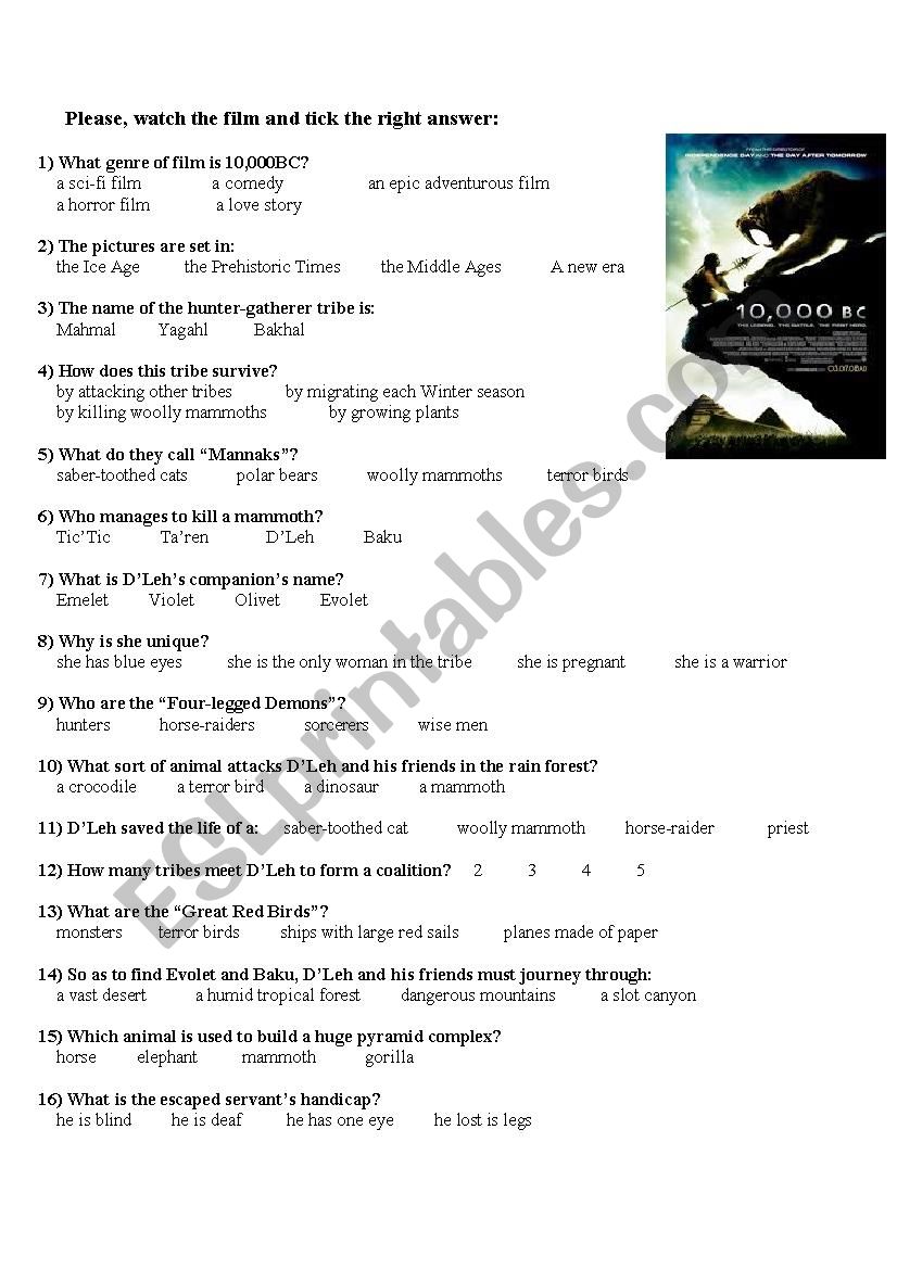 10 000 BC worksheet