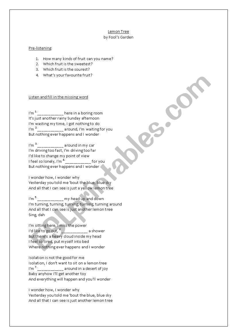 Lemon Tree by Fools Garden worksheet