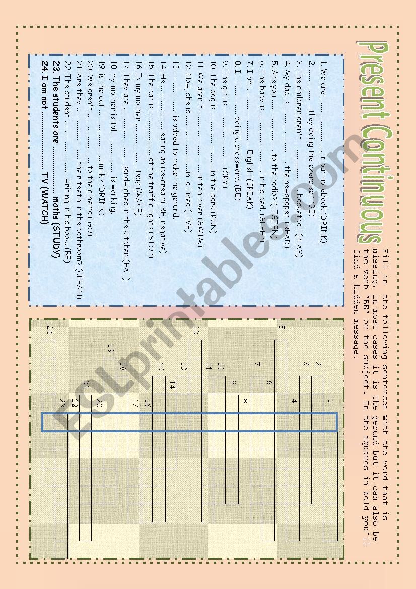 PRESENT CONTINUOUS CROSSWORD worksheet