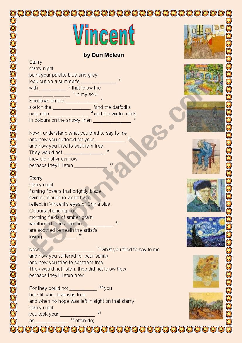 Vincent, song by Don McLean worksheet