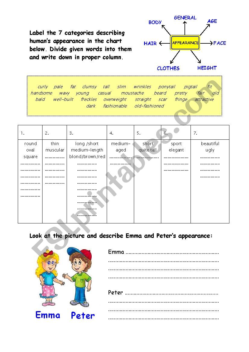 Describing appearace worksheet