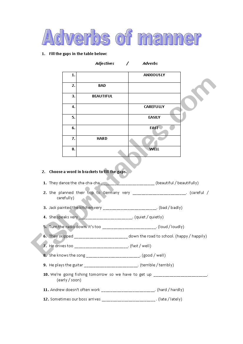 Adverbs of manner worksheet