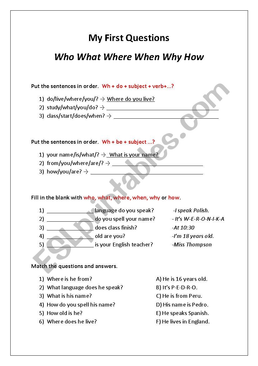 First Questions worksheet