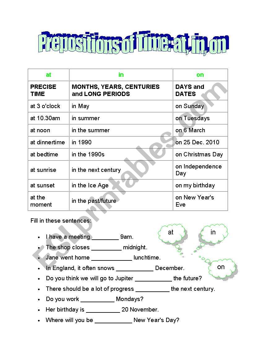 prepositions of time worksheet