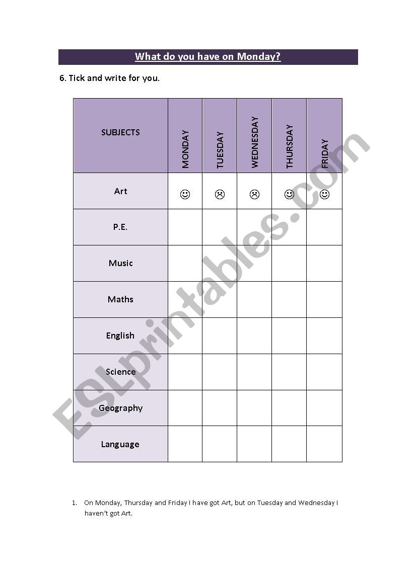 Writing about school subjects worksheet