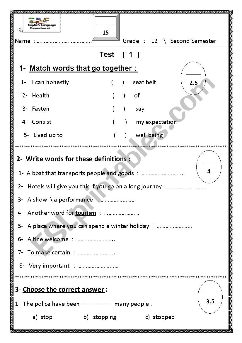  test - grade 12  worksheet