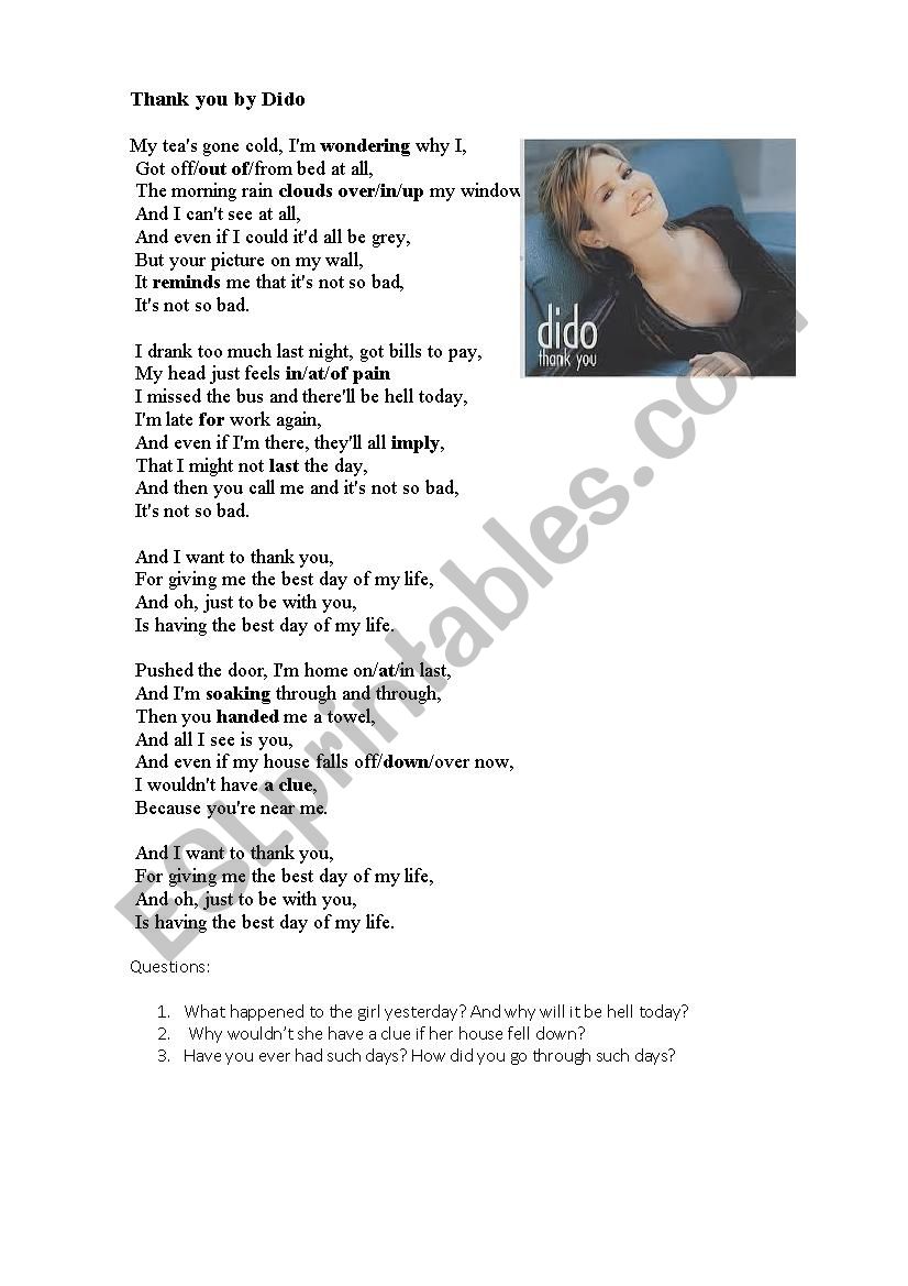 Thank you by Dido song worksheet