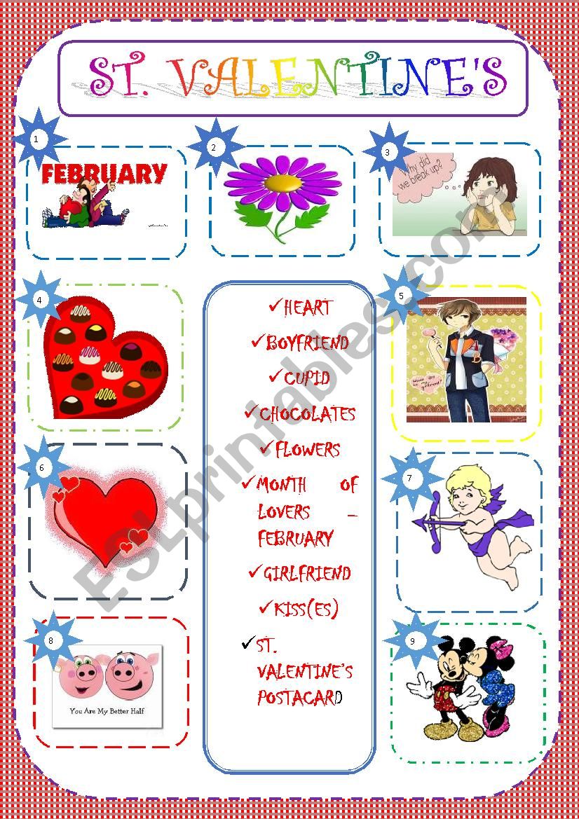 ST. VALENTINES FLASHCARD/WORKSHEET - MATCHING EXERCISE