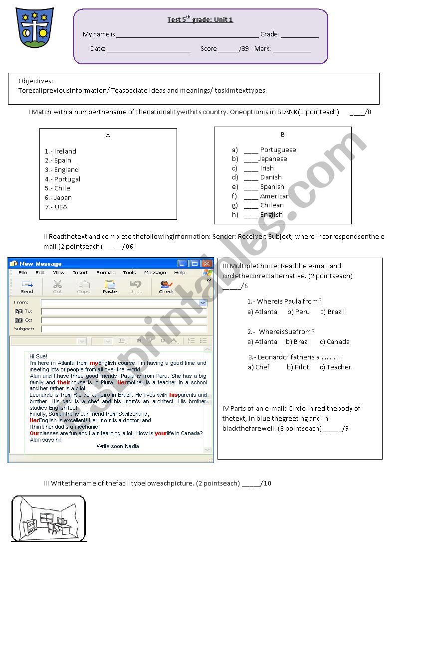 Test on Nationalities, e-mail and school facilities