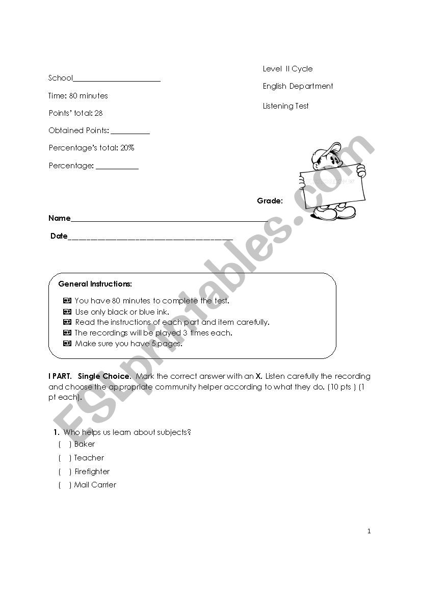 Test for listening worksheet