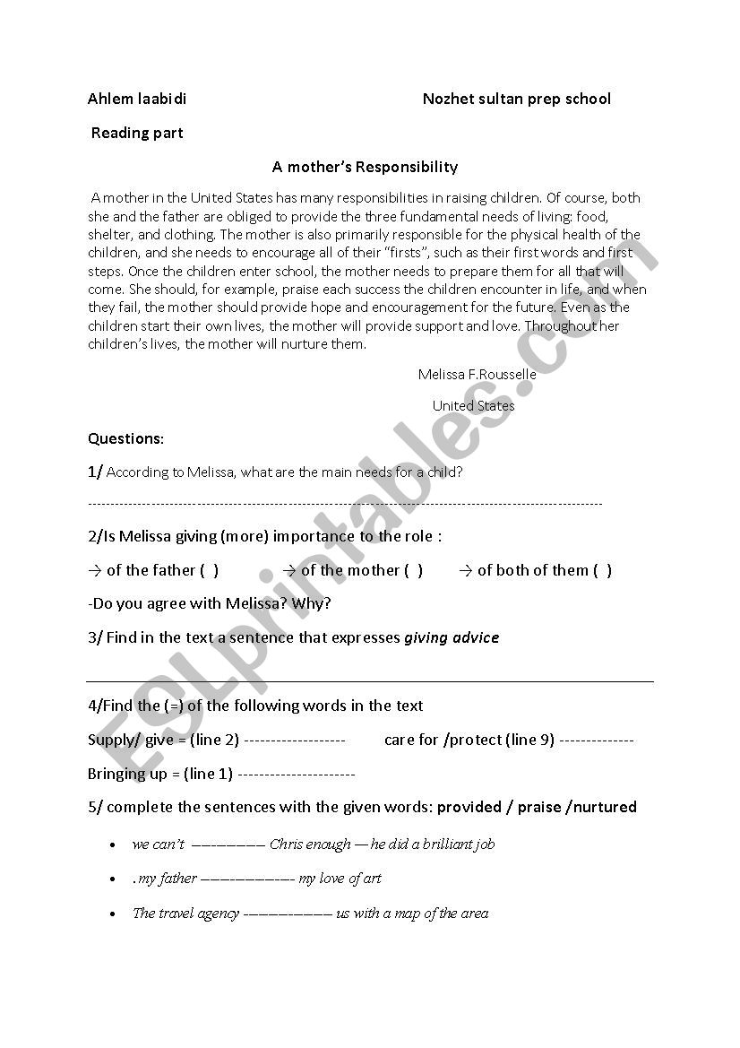 family life worksheet