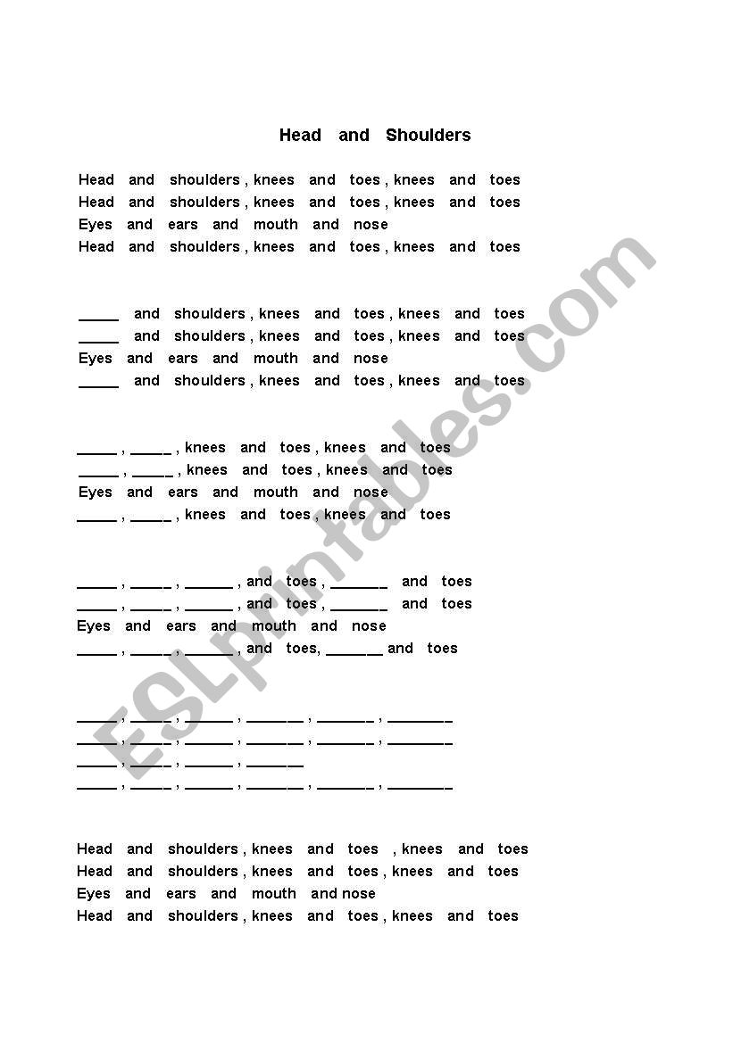 head and shoulders song worksheet