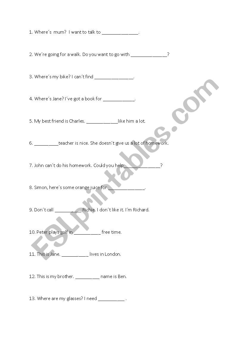 Pronouns competition worksheet