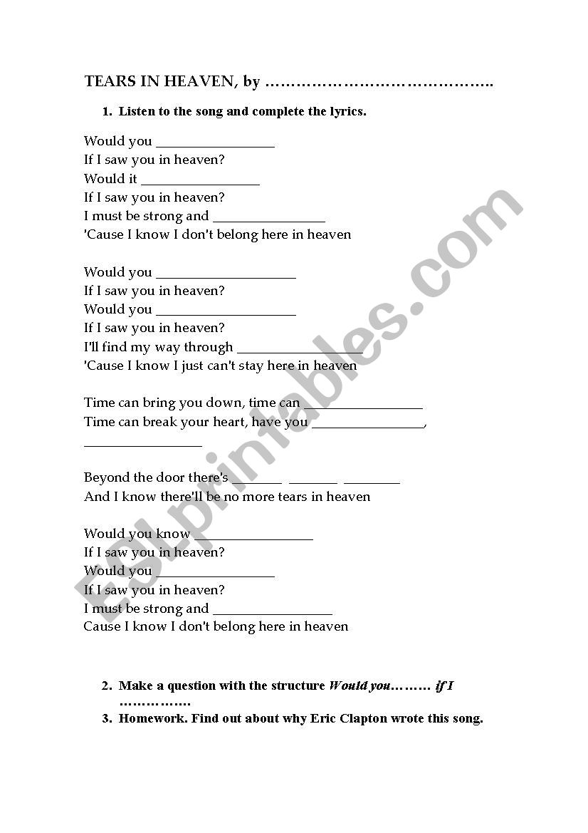 Tears in Heaven, by Eric Clapton - ESL worksheet by Tuili