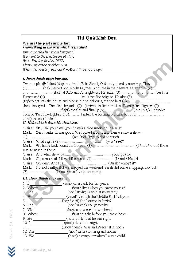 Past simple tense worksheet