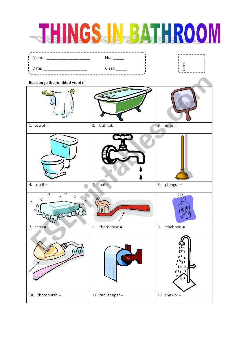 Things in Bathroom worksheet