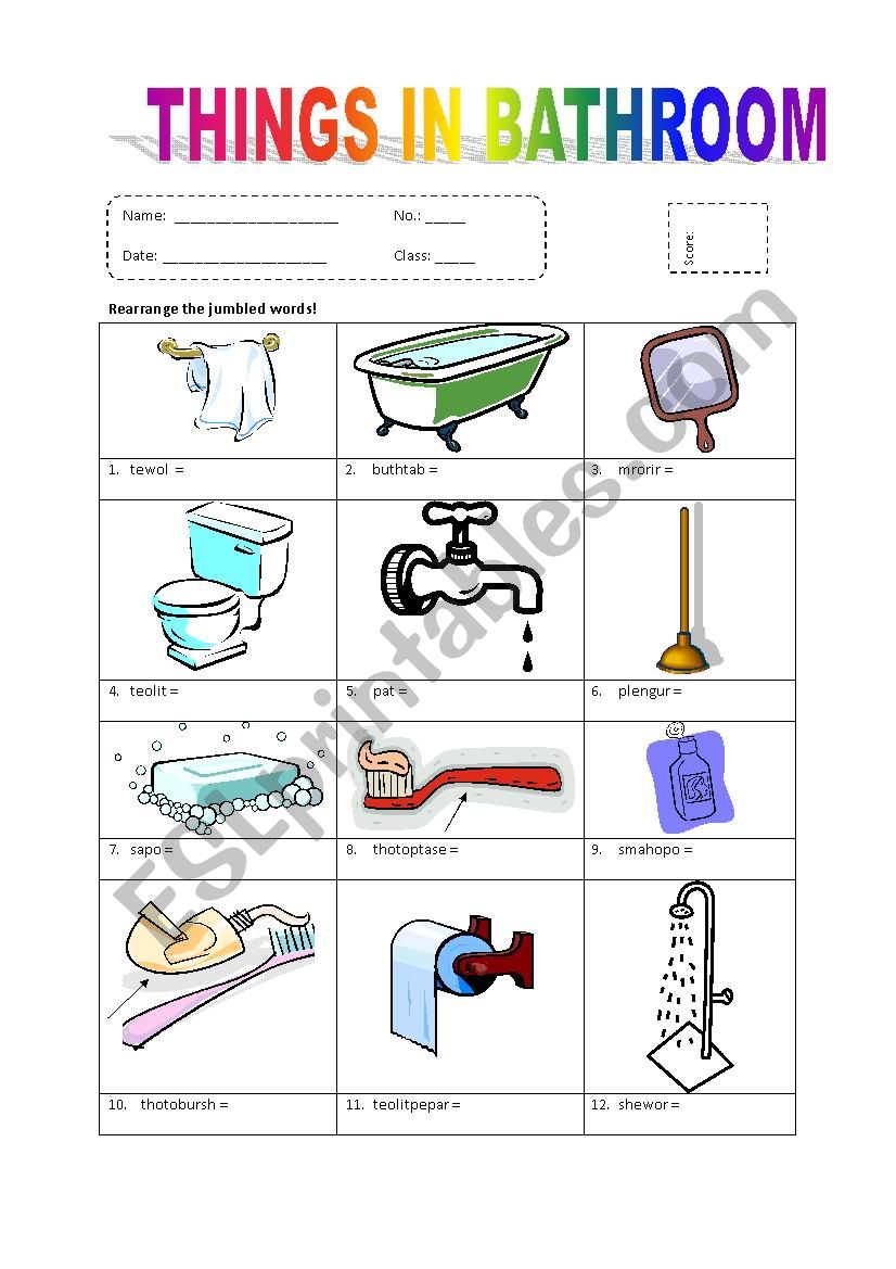 Things in Bathroom - ESL worksheet by Rhae