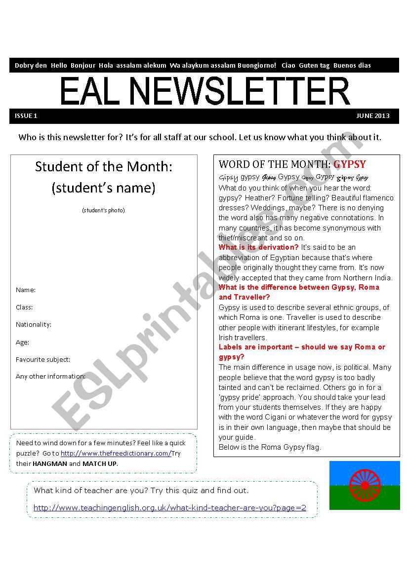 ESL Newsletter worksheet