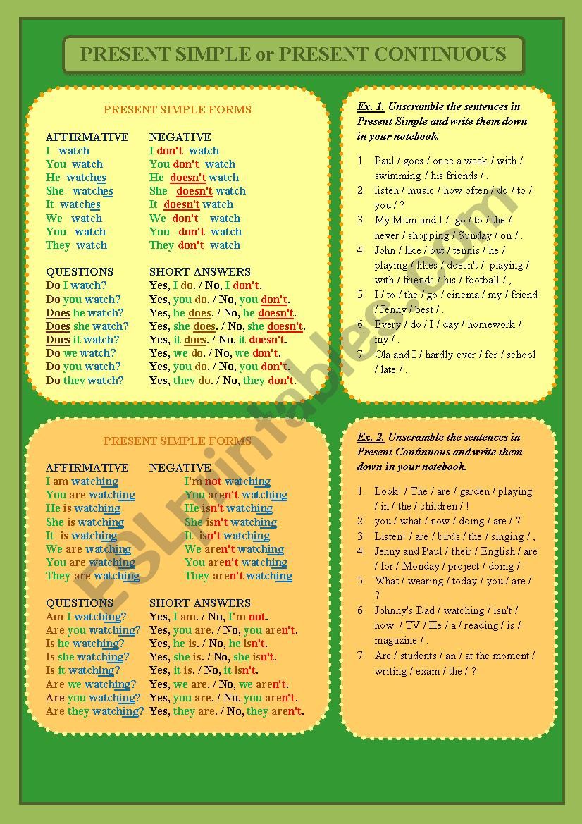 PRESENT SIMPLE OR PRESENT CONTINUOUS - 2 PAGES - GRAMMAR GUIDE + 5 DIFFERENT ACTIVITIES!