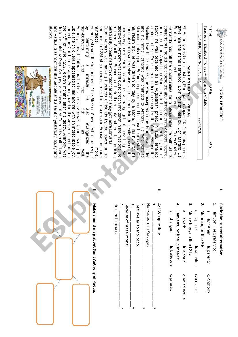 saint anthony worksheet