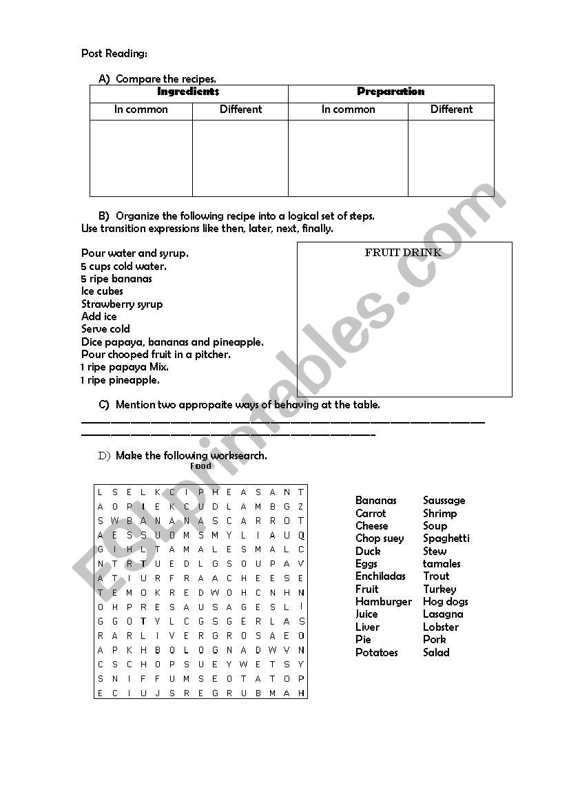 food worksheet