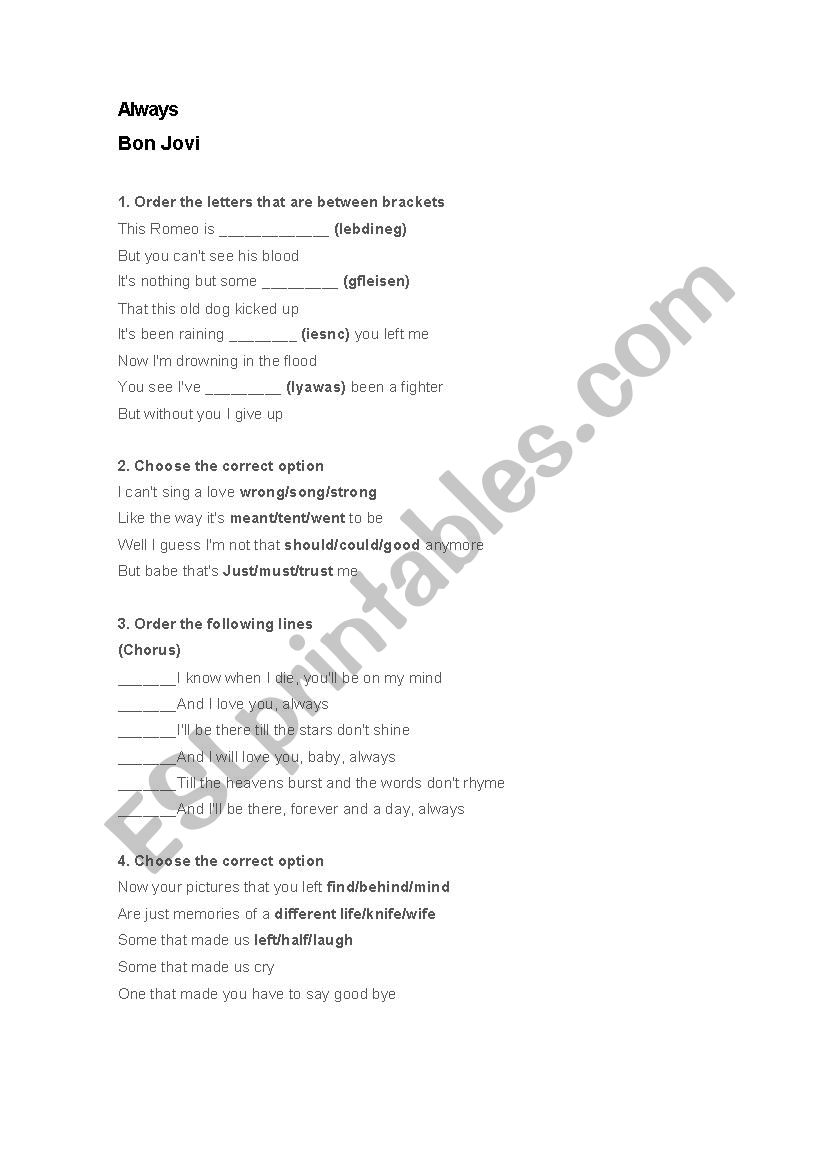 Always - Bon Jovi worksheet