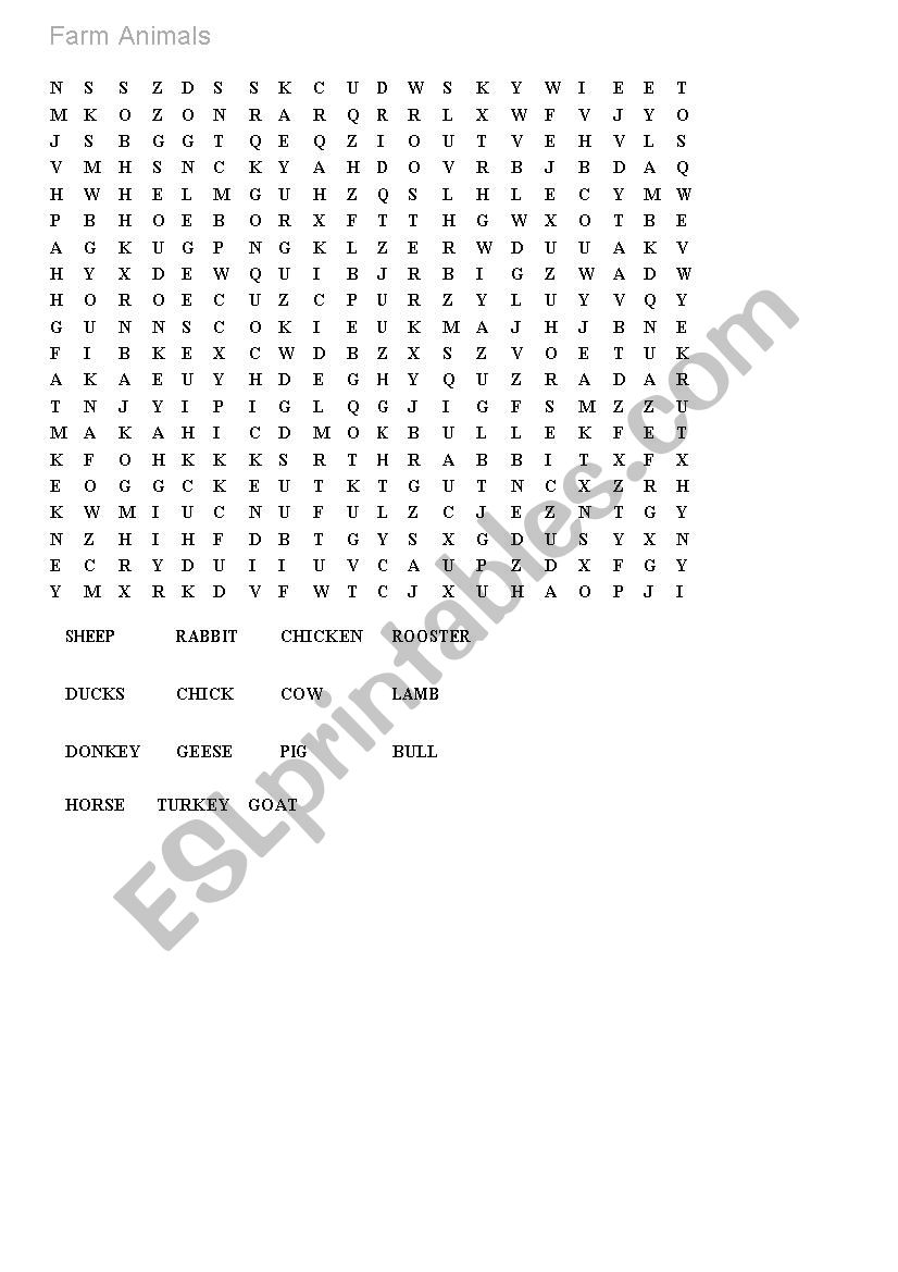 Farm Animals Word Search worksheet