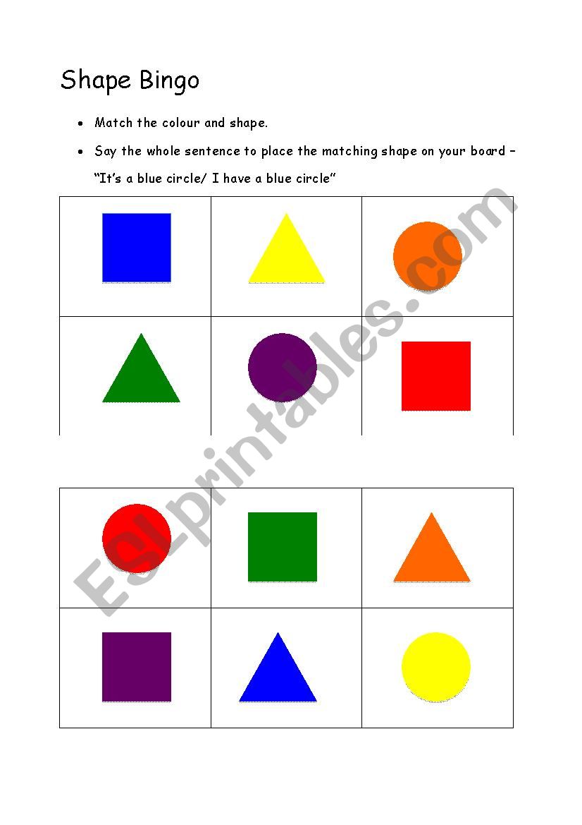 Shape and colour Bingo worksheet