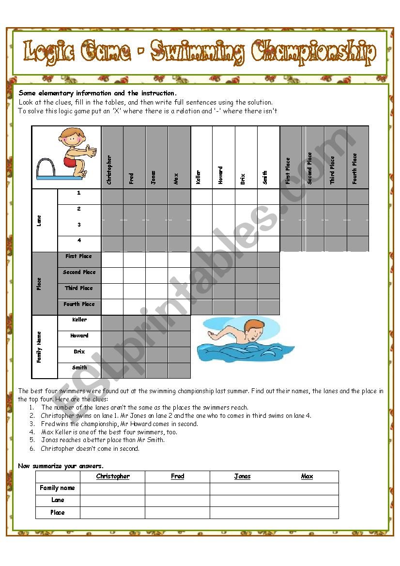 Logic Game No. 14 - SWIMMING CHAMPIONSHIP