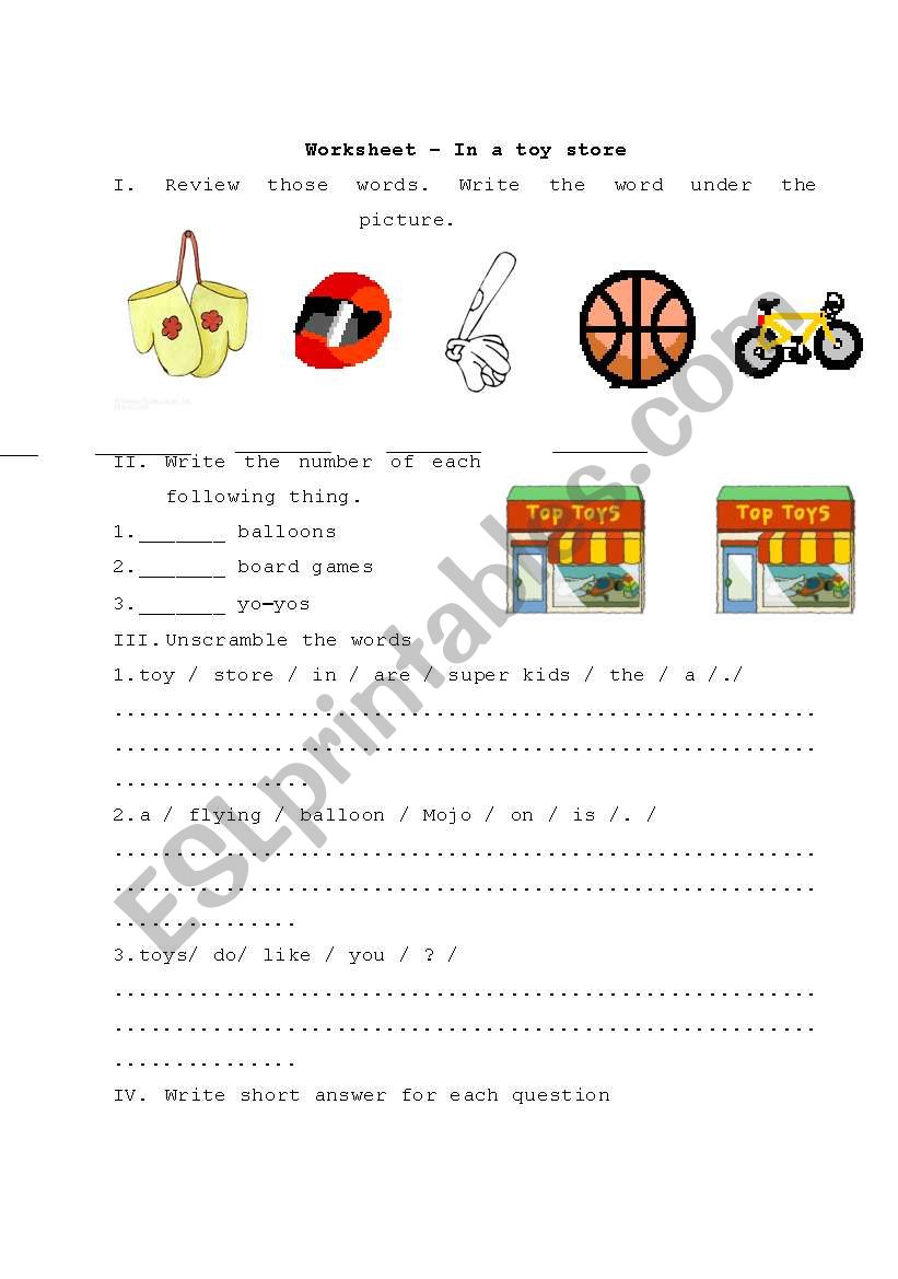 In a toy store worksheet