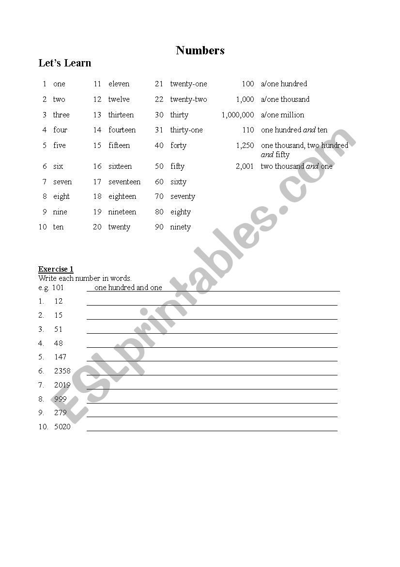 Numbers  worksheet