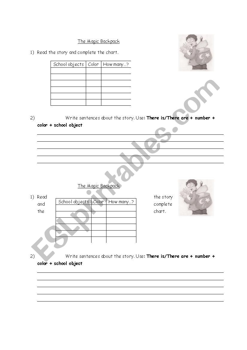 The magic backpack worksheet