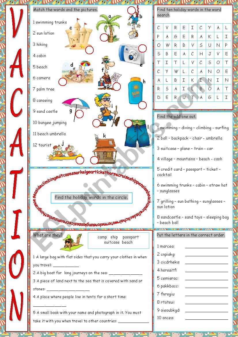 Vacation Vocabulary Exercises worksheet